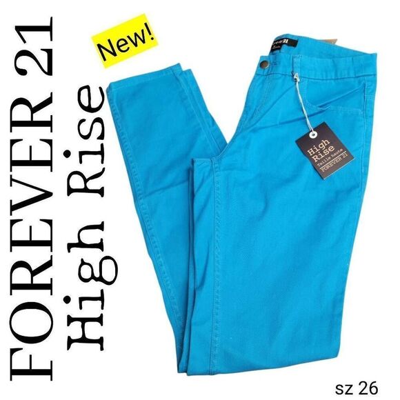 Jeans NEW! Forever 21 Turquoise Colored Denim High Rise Lightweight Straight NEW - Picture 2 of 11